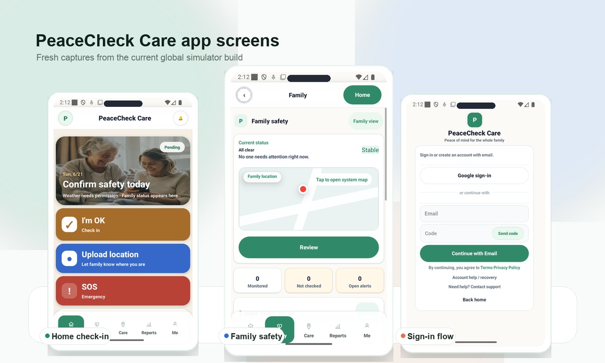 PeaceCheck Care current app screens