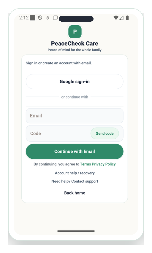 PeaceCheck Care sign-in screen