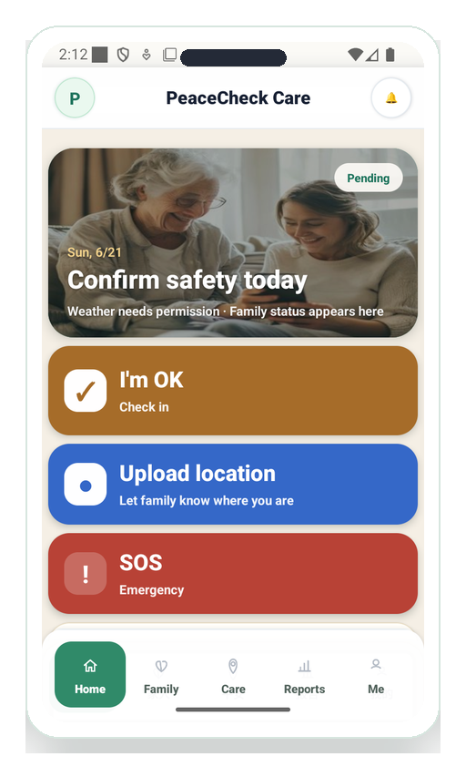 PeaceCheck Care home screen